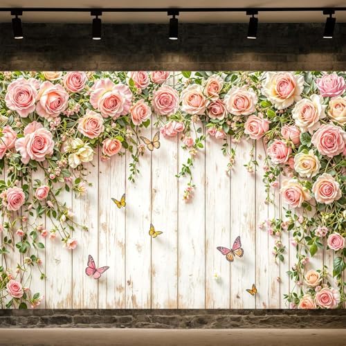7X7ft Pink Roses Floral Backdrop Rustic Wooden Flowers Butterfly Photography Background Romantic Elegant Garden Wedding Bridal Shower Birthday Party Decorations Banner Studio Photo Booth Props - Image 2