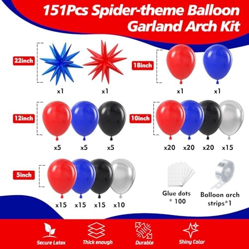 Spider Balloon Arch Garland Kit - 151Pcs Spider Theme Birthday Decorations Royal Blue Black Red Silver Spider Arch Kit for Man Baby Shower Super Spider Hero Theme Boys Kids Party Decorations - Image 2