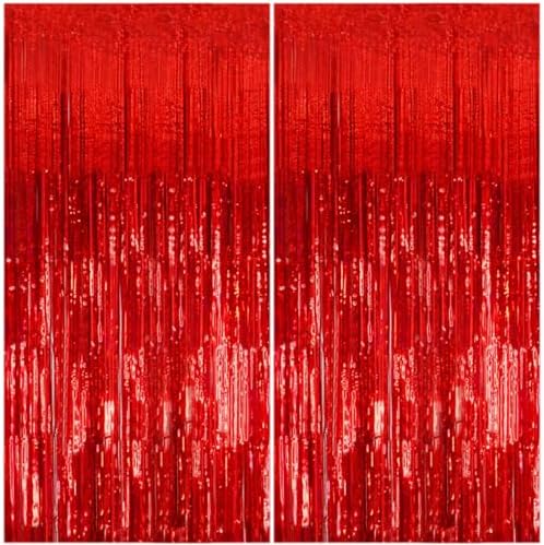 2 Pack Foil Curtain Backdrop Red Metallic Tinsel Foil Fringe Curtains Photo Booth Props for Birthday Wedding Engagement Baby Shower Bachelorette Christmas Holiday Celebration Party Decorations by KEJ