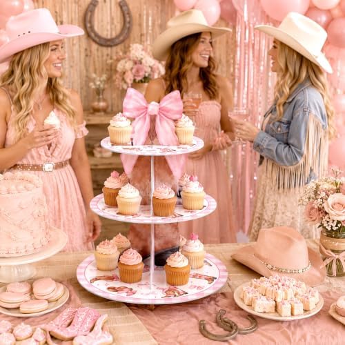 3 Tier Western Cowgirl Party Cupcake Stand Pink Bow Cupcake Tower - Image 5