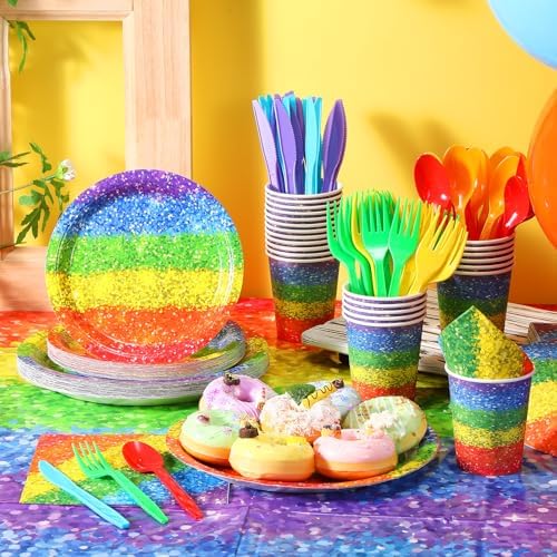 Zhehao 169 Pcs Rainbow Party Supplies Disposable Tablecloth Plates,Colorful - Image 4