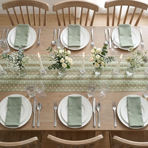 Artoid Mode Sage Green Gauze Flocking White Dots Table Runner 10FT,Spring Sheer Dining Table Decor for Wedding Anniversary Holiday Birthday Home Party - Image 4