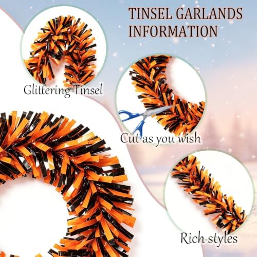 33FT Halloween Tinsel Garland Decorations, Shiny Metallic Foil Twist Garland for Halloween Tree, Halloween Party, Indoor Outdoor Holiday Decor (Orange & Black) - Image 3