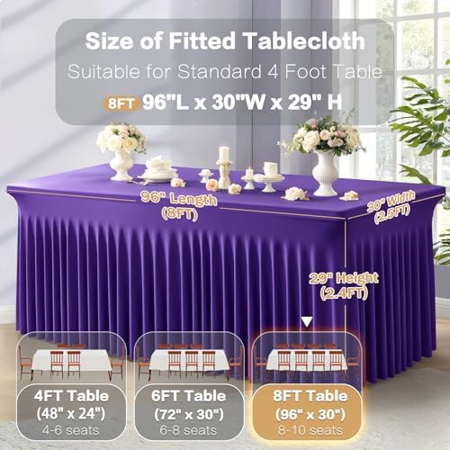 6 Packs Purple Spandex Table Covers 8 Foot, Fitted Stretch Table Cloth with Skirts 96x30 Inch, Wrinkle-Free Floor Length Rectangle Tablecloths for Trade Show Weddings Parties Banquets Events - Image 3