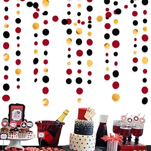 Gold Black Red Party Decorations Circle Dots Streamer Hanging Paper Polka Dots Garland for Graduation Birthday Wedding Anniversary Holiday Pirate Poker Casino Las Vegas Party Supplies - Image 4