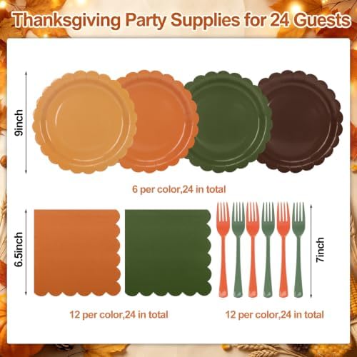 Orange and Green Paper Plates and Napkins,Thanksgiving 9inch Plates Napkins Forks Disposable Party Supplies for Baby Shower Friendsgiving & Autumn Parties,Serves 24 - Image 3