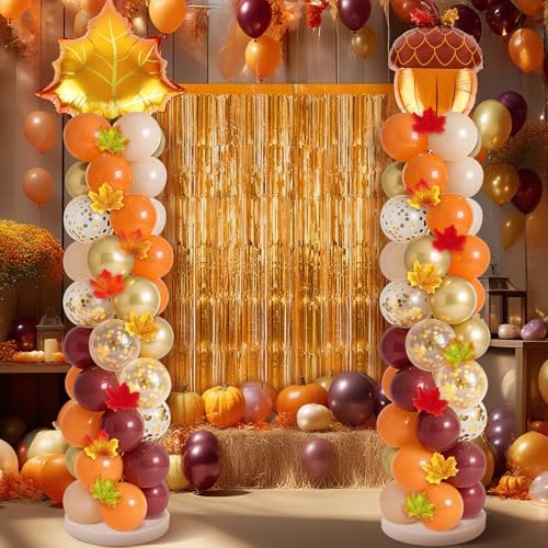 2 Sets Fall Balloon Column Stand Kit 3.3 X 6.6 ft Fall Photo Backdrop With Chestnut Maple leaf Balloons Orange Burgundy Skin Balloon for Thanksgiving Autumn Birthday Parties by EYNDYN
