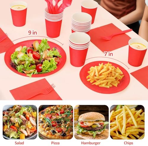 Red Paper Plates and Napkins Party Supplies, 9’’Disposable Red Plates, 7’’Dessert Plate and Cups and Napkins Forks Set for Christmas, New Years, Valentines Days, Birthdays, Graduations, Serves 25 - Image 4