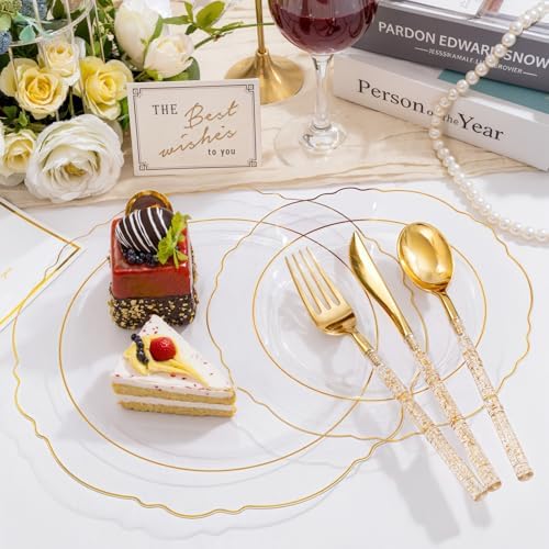 Liacere 150PCS Clear Gold Plastic Plates - Disposable Plastic Silverware with Glitter Bamboo Handle Cutlery-Baroque Clear Gold Disposable Plates for Wedding & Party & Thanksgiving & Fall Party - Image 6