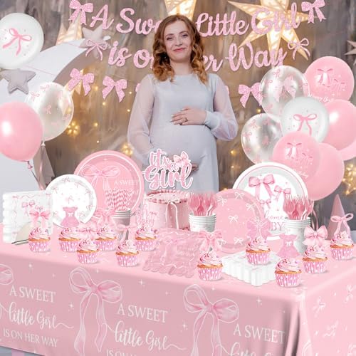 Pink Bow Baby Shower Decorations for Girl,Pink Bow Birthday Party Supplies Include Bow Plate,Napkin,Banner,Cake Topper,Balloons Welcome Baby Girl Decorations for Coquette Bow Party Serves 25 - Image 4