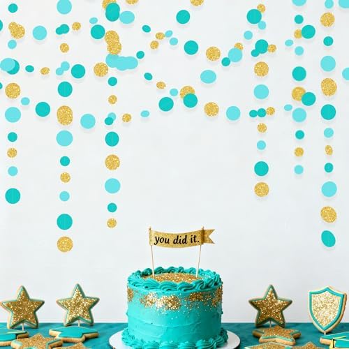 Teal Gold Party Polka Dot Garland Banner Aqua Turquoise Glitter Gold Hanging Paper Circle Dots Streamer for Birthday Wedding Shower Engagement Bridal Shower Retirement Party Decorations Supplies - Image 6