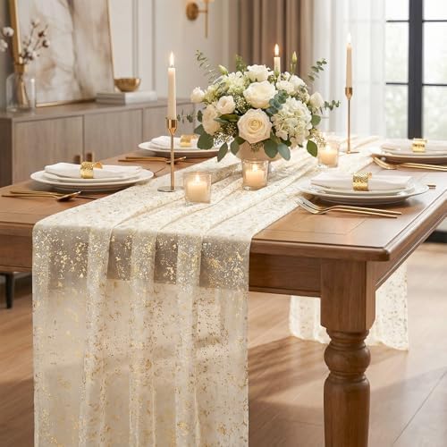 Artoid Mode Gold Gauze Champagne Table Runner 120 Inch 10FT, Glitter Metallic Foil Sheer Dining Wedding Anniversary Holiday Birthday Table Decor for Home Party - Image 6