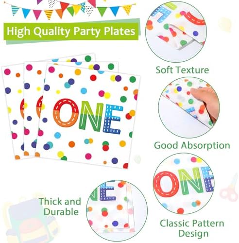 CHUNNIN 96pcs Rainbow 1st Birthday Plates and Napkins Confetti Happy Birthday Party Decorations with Polka Dot Confetti Dessert Plates Colorful 1st Tableware for 24 Guests 1 Year Old Party Supplies - Image 4