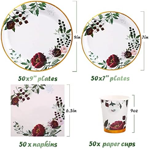 200Pcs Floral Paper Plates and Napkins Party Supplies - Bridal Shower Decorations Serves 50, Burgundy for Wedding, Birthday, Valentine's Day, Easter, Spring Party - Image 2