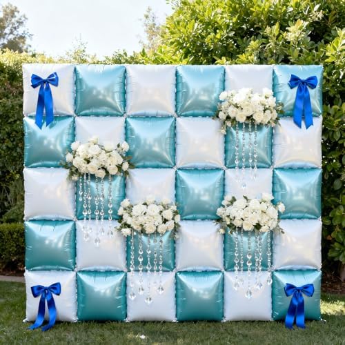 NISOCY 25PCS Pearl White and Light Blue Square Foil Balloons Wall Backdrop - Image 5