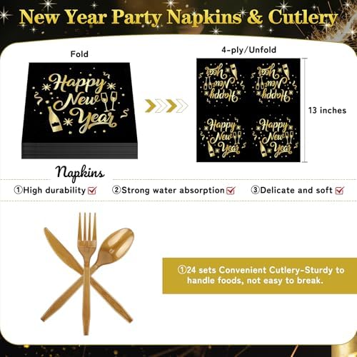 168pcs Happy New Year Party Supplies, Black and Gold Paper Plates Napkins Cups and Gold Cutlery for 24 Guests, 2026 New Year Disposable Tableware Supplies for Party Decorations - Image 4