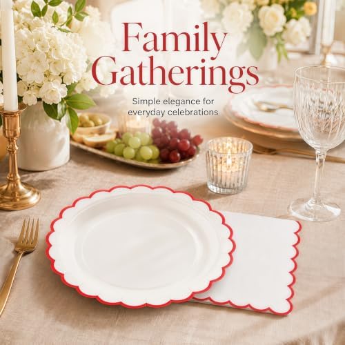 50 Pcs Red and White Paper Plates and Napkins, 7 Inch Disposable Scalloped Plates & Napkins Party Supplies Cake Dessert Plate Tableware for Baby Shower Bridal Shower Wedding Birthday - Image 5