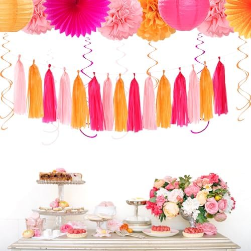 Hot-Pink Orange 21st Happy-Birthday Party-Decorations - 31pcs Sweet 16 18th Women Girls Paper Lanterns Streamers Banner,Tissue Pom Poms Fans Tassels Graland Decor,Fall Boho Backdrop Supplies Hugmoon - Image 7