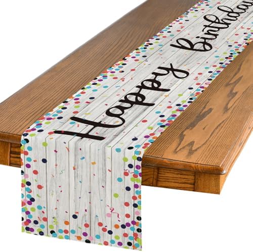 Artoid Mode Polka Dot Wood Happy Birthday Table Runner, Seasonal Kitchen Dining Table Decoration for Home Party Decor 13x72 Inch by ArtoidMode