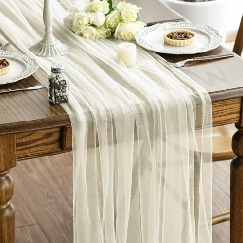 Artoid Mode 6PCS Beige Gauze Table Runner 120 Inch 10FT, Seasonal Sheer Kitchen Dining Holiday Wedding Birthday Baby Shower Table Decor for Home Party by ArtoidMode