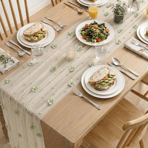 Artoid Mode Sage Green Flower Pearl White Gauze Table Runner 10FT, Seasonal Sheer Dining Holiday Wedding Birthday Baby Shower Table Decor for Home Party - Image 5