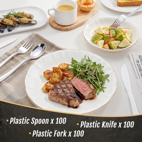WDF 300 Pieces Silver Plastic Silverware - Plastic Silverware Heavy Duty - 100 Forks 100 Knives 100 Spoons - Disposable Silver Cutlery Perfect for Party/Wedding/Christmas - Image 4