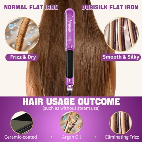 DORISILK 2.0 Upgraded Steam Straighteners for Hair, Professional Salon Ceramic Vapor Steam Flat Iron Hair Straightener and Curler 2 in 1 Straightening Curling Iron 1″, Dual Voltage LED Temp, Purple - Image 2