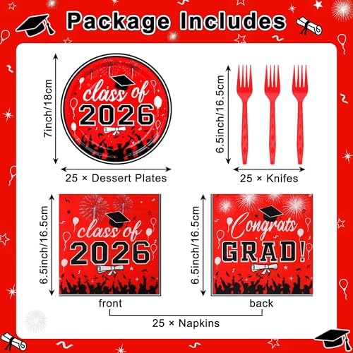 75 Pcs Graduation Plates and Napkins Party Supplies Set,Serves 25 Guests 2026 Red Graduation Plates and Napkins,Disposable Paper Tableware Set for Graduation Party Decorations - Image 2
