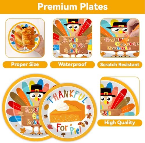 96Pcs Thanksgiving Party Plates and Napkins for Turkey Party Supplies Gobble Give Thanks Pie Disposable Tableware Set for Kids 24 Guests Dessert Dinnerware Autumn Party Decorations - Image 3