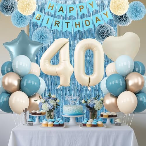 Dusty Blue 40th Birthday Party Decorations Men Beige Number 40 Balloon - Image 2