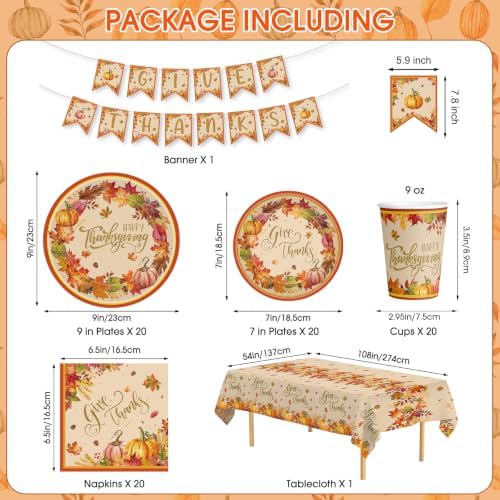 82 Pcs Thanksgiving Paper Plates and Napkins Set - Disposable Gives Thanks Fall Leaf Pumpkin Tableware with Cups Banner Tablecloth for Harvest Thanksgiving Party Decorations Supplies, Serves 20 - Image 3