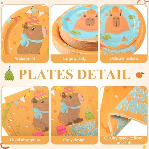 Pickmesh 400 Pcs Party Supplies Disposable Paper Plates Napkins and Cups Decorations for Men Women(Happy Capybara Birthday,Orange Green) - Image 3