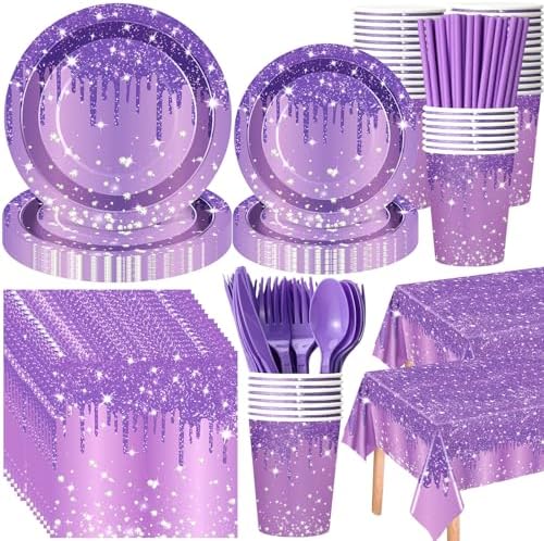 Funnymoom 452 Pcs Purple Glitter Birthday Party Decorations for 50, Purple Silver Paper Plate Napkin Cup Tablecloth Cutlery Straw Disposable Tableware for Women Birthday Wedding Bridal Shower Supplies by Funnymoom
