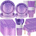 Funnymoom 452 Pcs Purple Glitter Birthday Party Decorations for 50, Purple Silver Paper Plate Napkin Cup Tablecloth Cutlery Straw Disposable Tableware for Women Birthday Wedding Bridal Shower Supplies by Funnymoom