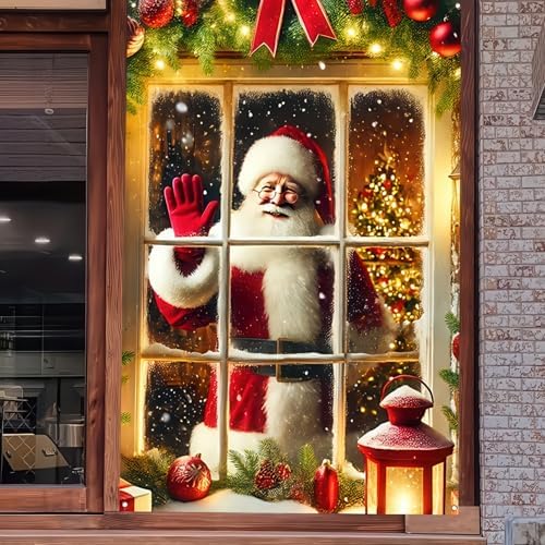 BlissYard Christmas Backdrop Santa Claus Photo Background 31x47 Winter Window Decorations Banner Wall Hanging Banner Photo Booth Prop Xmas Christmas Tree Gifts Photography Background New Year Party - Image 3