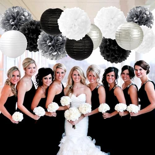 Black White Silver Party-Decorations Paper Flowers Lanterns - 15PCS Birthday Halloween Wedding Tissue Pom Poms Streamers, Halloween Prom Baby Shower Bachelorette Hanging Supplies Decor Hugfond - Image 5
