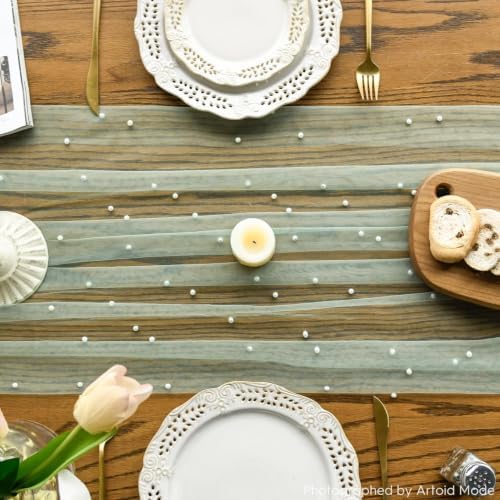 Artoid Mode 10-Pack Pearl Sage Green Gauze Table Runner 10FT Home Decor - Image 5
