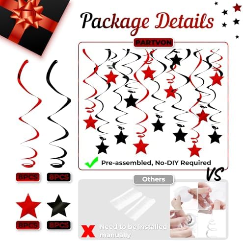 Red Black Hanging Swirl Decorations - 32 Pcs Metallic Ceiling Swirls with Foil Stars, Plastic Streamers for Graduation, Halloween, Casino Night, Birthday, Bachelorette Party Supplies - Image 3