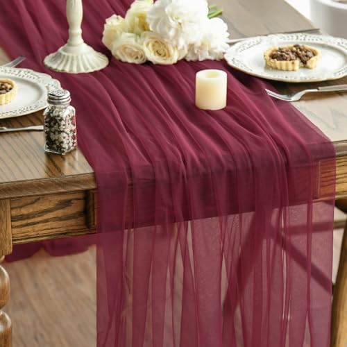 Artoid Mode 10PCS Burgundy Gauze Table Runner 120 Inch 10FT, Seasonal Sheer Kitchen Dining Holiday Wedding Birthday Baby Shower Table Decor for Home Party by ArtoidMode