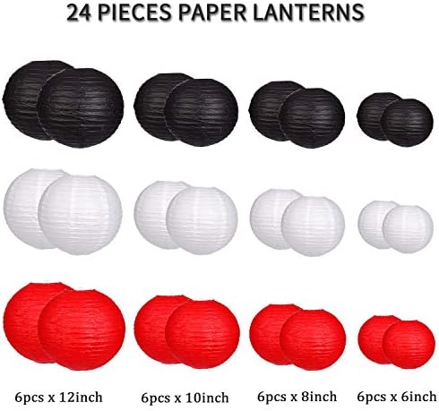 24pcs Hanging Round Paper Lanterns Red and Black Party Decorations - Image 2