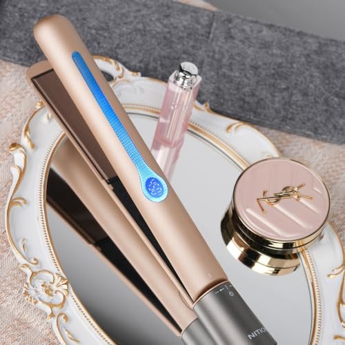 NITION Ceramic Tourmaline Hair Straighteners LCD Flat Iron MCH 10s Fast Heating Up. 1" Smooth 3D Floating Plate Healthy Straightening Tools. Heat-Proof Glove. Dual Voltage Travel. Champagne Gold - Image 3