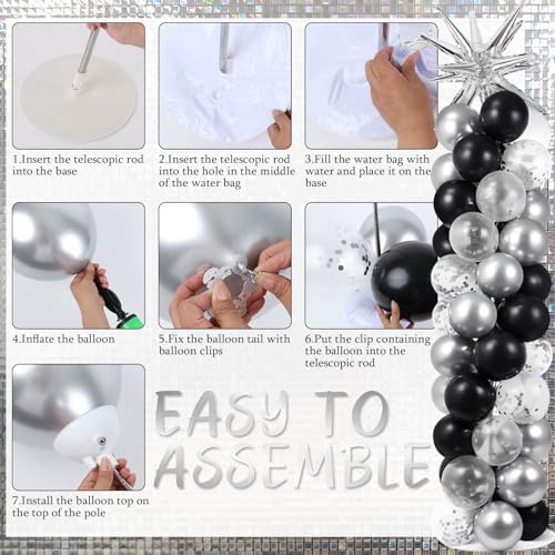 2 Sets Black Silver Balloon Column Stand Kit 3.3 X 6.6 ft Silver Photo Backdrop With Black Silver Confetti Balloons Balloon Tower Stand for Wedding Birthday Holiday Party Retirement Anniversary - Image 5