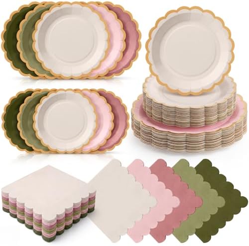 Zhehao 150 Pcs Sage Green Dusty Pink Paper Plates Napkins Serves 50 by Zhehao