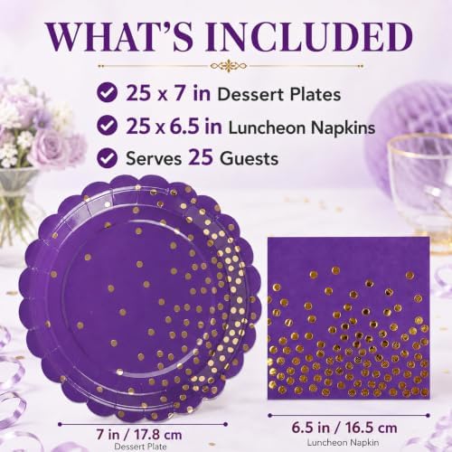 50PCS Purple Paper Plates and Napkins Set - Purple and Gold Dot Party Plates Disposable Party Tableware Dinnerware Set Party's Supplies Decorations for Birthdays, Baby Shower, Weddings and Holidays - Image 3