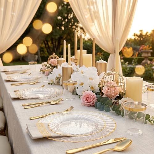 YOUBET 175PCS Clear and Gold Scalloped Plastic Plates for Party Wedding - Image 6