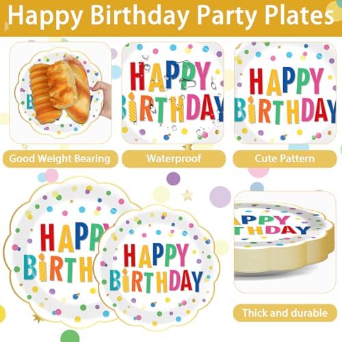 96PCS Polka Dot Plates Tableware Set Supplies Happy Birthday Cake Dessert Scalloped Paper Plates Napkins Tableware Set Polka Dot Theme Colorful Birthday Plate Dinnerware Decoration for 24 Guests - Image 3
