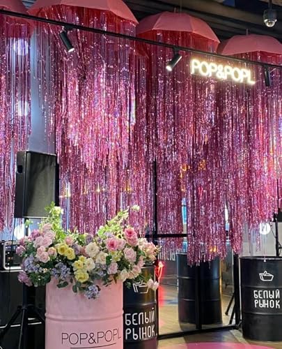 GOER 2 Pack 3.2 ft x 9.85 ft Metallic Tinsel Foil Fringe Curtains Party Photo Backdrop Party Streamers for Birthday,Graduation,New Year Eve Decorations Wedding Decor (Laser Pink) - Image 2