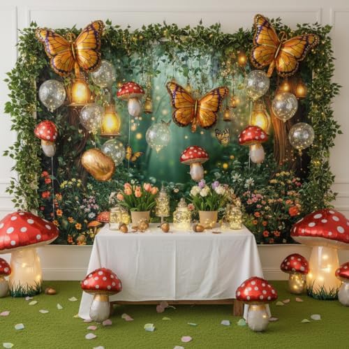 Spring Enchanted Forest Backdrop, Fairy Tale Wonderland Garden Backdrops for Photoshoot, Mushroom Butterfly Woodland Fairy Tea Party Decorations Photo Booth Studio Props Backdrops 9X6FT - Image 3