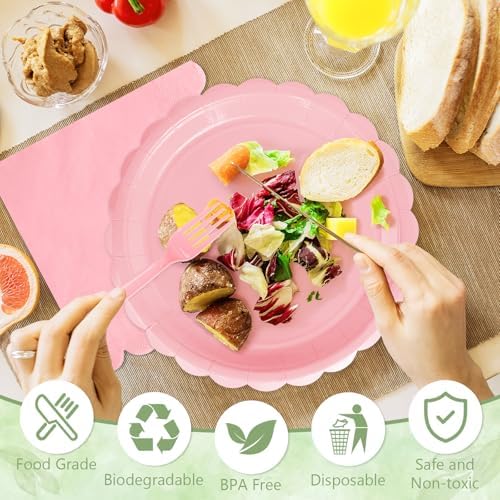 100 Light Pink Paper Plates and Napkins Disposable for Party, 25-9"&25-7" - Image 4