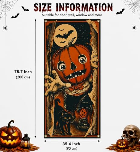 Halloween Pumpkin Character Door Banner 35.4 x 78.7 Inch Polyester Door Cover, Vintage Pumpkin Entrance Decoration with Black Cat for Front Door Porch Entryway Seasonal Home Decor - Image 2